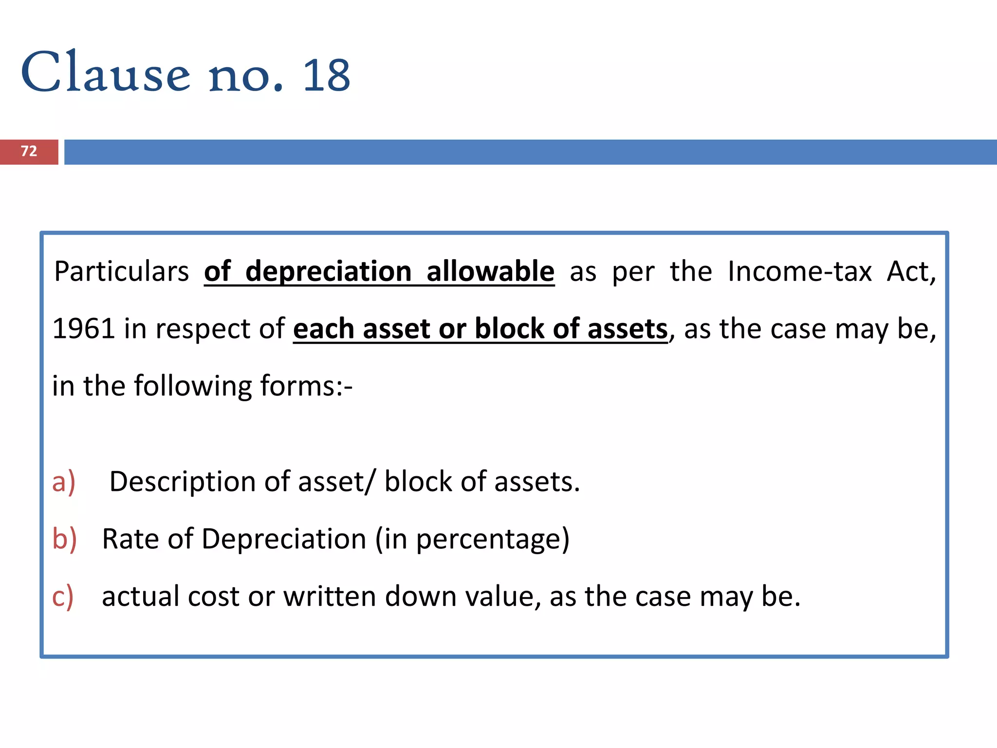 72
Particulars of depreciation allowable as per the Income-tax Act,
1961 in respect of each asset or block of assets, as the case may be,
in the following forms:-
a) Description of asset/ block of assets.
b) Rate of Depreciation (in percentage)
c) actual cost or written down value, as the case may be.
Clause no. 18
 