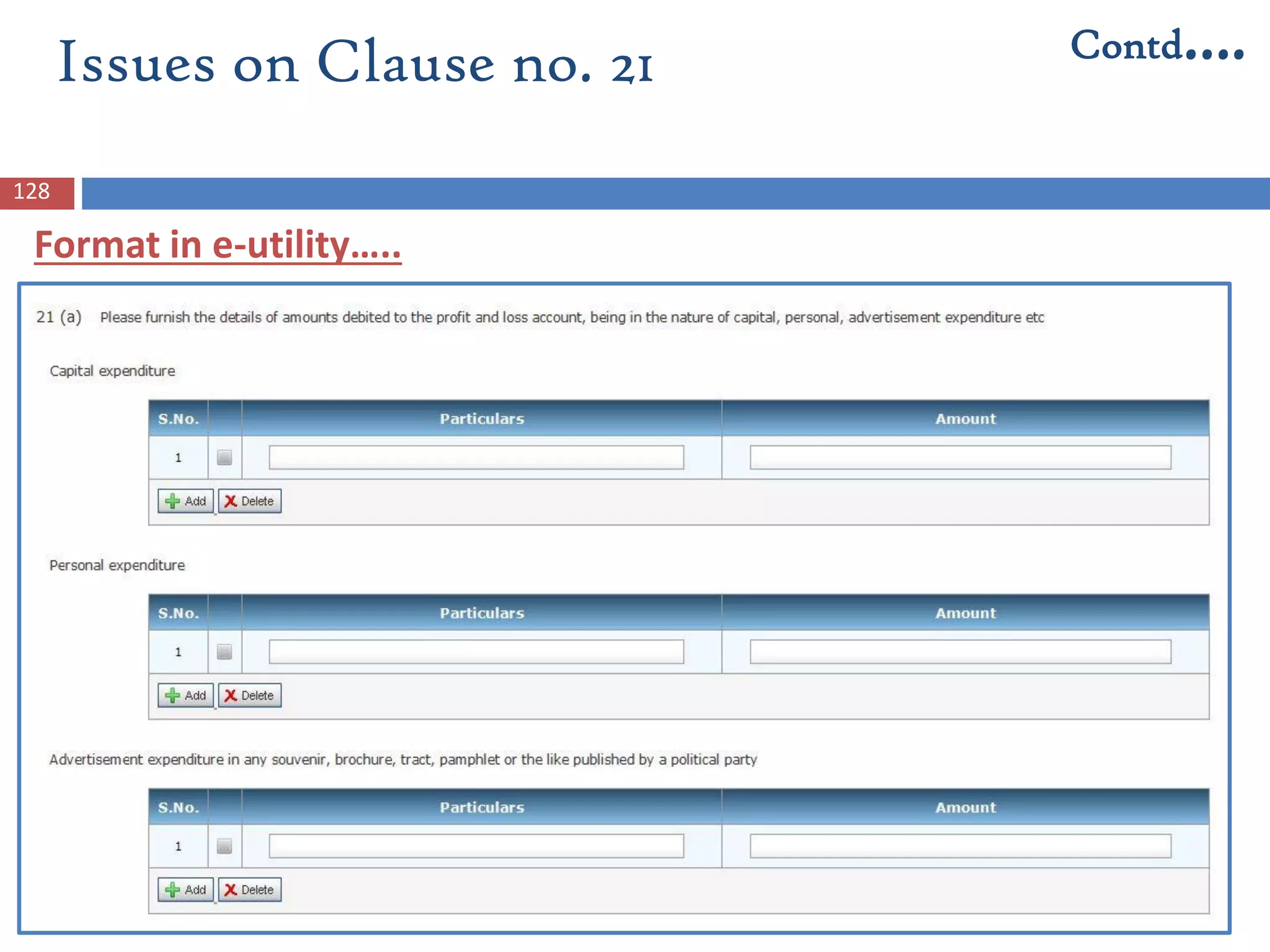 Issues on Clause no. 21 Contd….
Format in e-utility…..
128
 