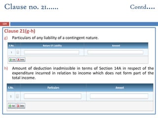124
Clause 21(g-h)
g) Particulars of any liability of a contingent nature.
h) Amount of deduction inadmissible in terms of Section 14A in respect of the
expenditure incurred in relation to income which does not form part of the
total income.
Clause no. 21…… Contd….
 