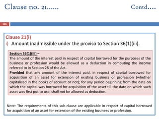 126
Clause 21(i)
i) Amount inadmissible under the proviso to Section 36(1)(iii).
Clause no. 21…… Contd….
*No Change
Section 36(1)(iii) –
The amount of the interest paid in respect of capital borrowed for the purposes of the
business or profession would be allowed as a deduction in computing the income
referred to in Section 28 of the Act.
Provided that any amount of the interest paid, in respect of capital borrowed for
acquisition of an asset for extension of existing business or profession (whether
capitalized in the books of account or not); for any period beginning from the date on
which the capital was borrowed for acquisition of the asset till the date on which such
asset was first put to use, shall not be allowed as deduction.
Note: The requirements of this sub-clause are applicable in respect of capital borrowed
for acquisition of an asset for extension of the existing business or profession.
 