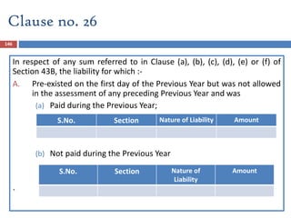 146
In respect of any sum referred to in Clause (a), (b), (c), (d), (e) or (f) of
Section 43B, the liability for which :-
A. Pre-existed on the first day of the Previous Year but was not allowed
in the assessment of any preceding Previous Year and was
(a) Paid during the Previous Year;
(b) Not paid during the Previous Year
`
Clause no. 26
S.No. Section Nature of Liability Amount
S.No. Section Nature of
Liability
Amount
 