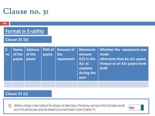 169
S.
no
.
Name
of the
payee
Address
of the
payee
PAN of
payee
Amount of
the
repayment
Maximum
amount
O/S in the
A/c at
anytime
during the
year
Whether the repayment was
made
otherwise than by A/c payee
cheque or an A/c payee bank
draft
Clause no. 31
Format in E-utility
Clause 31 (b)
Clause 31 (c)
 
