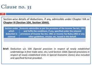 Clause no. 33
Section-wise details of deductions, if any, admissible under Chapter VIA or
Chapter III (Section 10A, Section 10AA).
Brief: Deduction u/s 10A (Special provision in respect of newly established
undertakings in free trade zone, etc.) and Section 10AA (Special provisions in
respect of newly established Units in Special Economic Zones) also included
and specified format provided .
Section under
which
deduction is
claimed
Amounts admissible as per the provision of the Income Tax Act, 1961
and fulfils the conditions, if any, specified under the relevant
provisions of Income Tax Act, 1961 or Income Tax Rules,1962 or any
other guidelines, circular, etc, issued in this behalf.
187
 
