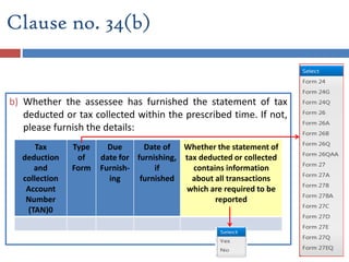 b) Whether the assessee has furnished the statement of tax
deducted or tax collected within the prescribed time. If not,
please furnish the details:
Tax
deduction
and
collection
Account
Number
(TAN)0
Type
of
Form
Due
date for
Furnish-
ing
Date of
furnishing,
if
furnished
Whether the statement of
tax deducted or collected
contains information
about all transactions
which are required to be
reported
Clause no. 34(b)
 