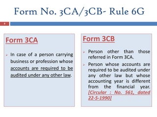 Form No. 3CA/3CB- Rule 6G
Form 3CA
 In case of a person carrying
business or profession whose
accounts are required to be
audited under any other law.
Form 3CB
 Person other than those
referred in Form 3CA.
 Person whose accounts are
required to be audited under
any other law but whose
accounting year is different
from the financial year.
[Circular : No. 561, dated
22-5-1990]
4
 