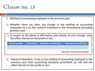 56
a) Method of accounting employed in the previous year.
b) Whether there has been any change in the method of accounting
employed vis-a-vis the method employed in the immediately preceding
previous year.
d) Details of deviation, if any, in the method of accounting employed in the
previous year from accounting standards prescribed u/s 145 and the
effect thereof on the profit or loss.
Clause no. 13
Serial number Particulars Increase in profit (Rs.) Decrease in profit (Rs.)
c) If answer to (b) above is affirmative, give details of such change, and
the effect thereof on the profit or loss.
Specific Format provided
 