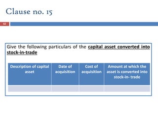 62
Give the following particulars of the capital asset converted into
stock-in-trade
Description of capital
asset
Date of
acquisition
Cost of
acquisition
Amount at which the
asset is converted into
stock-in- trade
Clause no. 15
 
