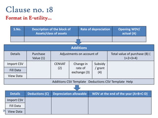 74
Clause no. 18
Format in E-utility…
S.No. Description of the block of
Assets/class of assets
Rate of depreciation Opening WDV/
actual (A)
Additions
Details Purchase
Value (1)
Adjustments on account of Total value of purchase (B) (
1+2+3+4)
Import CSV CENVAT
(2)
Change in
rate of
exchange (3)
Subsidy
/ grant
(4)
Fill Data
View Data
Additions CSV Template Deductions CSV Template Help
Details Deductions (C) Depreciation allowable WDV at the end of the year (A+B+C-D)
Import CSV
Fill Data
View Data
 