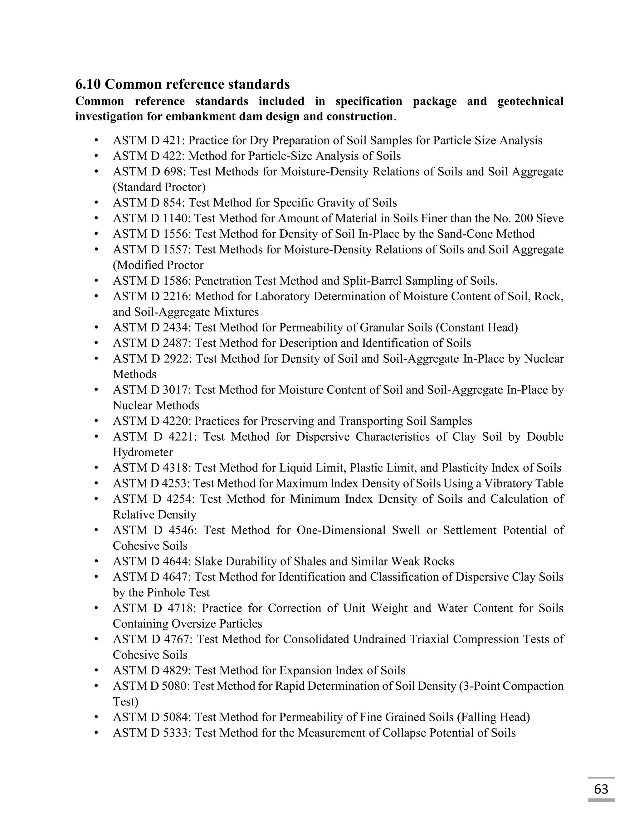 63
6.10 Common reference standards
Common reference standards included in specification package and geotechnical
investigation for embankment dam design and construction.
• ASTM D 421: Practice for Dry Preparation of Soil Samples for Particle Size Analysis
• ASTM D 422: Method for Particle-Size Analysis of Soils
• ASTM D 698: Test Methods for Moisture-Density Relations of Soils and Soil Aggregate
(Standard Proctor)
• ASTM D 854: Test Method for Specific Gravity of Soils
• ASTM D 1140: Test Method for Amount of Material in Soils Finer than the No. 200 Sieve
• ASTM D 1556: Test Method for Density of Soil In-Place by the Sand-Cone Method
• ASTM D 1557: Test Methods for Moisture-Density Relations of Soils and Soil Aggregate
(Modified Proctor
• ASTM D 1586: Penetration Test Method and Split-Barrel Sampling of Soils.
• ASTM D 2216: Method for Laboratory Determination of Moisture Content of Soil, Rock,
and Soil-Aggregate Mixtures
• ASTM D 2434: Test Method for Permeability of Granular Soils (Constant Head)
• ASTM D 2487: Test Method for Description and Identification of Soils
• ASTM D 2922: Test Method for Density of Soil and Soil-Aggregate In-Place by Nuclear
Methods
• ASTM D 3017: Test Method for Moisture Content of Soil and Soil-Aggregate In-Place by
Nuclear Methods
• ASTM D 4220: Practices for Preserving and Transporting Soil Samples
• ASTM D 4221: Test Method for Dispersive Characteristics of Clay Soil by Double
Hydrometer
• ASTM D 4318: Test Method for Liquid Limit, Plastic Limit, and Plasticity Index of Soils
• ASTM D 4253: Test Method for Maximum Index Density of Soils Using a Vibratory Table
• ASTM D 4254: Test Method for Minimum Index Density of Soils and Calculation of
Relative Density
• ASTM D 4546: Test Method for One-Dimensional Swell or Settlement Potential of
Cohesive Soils
• ASTM D 4644: Slake Durability of Shales and Similar Weak Rocks
• ASTM D 4647: Test Method for Identification and Classification of Dispersive Clay Soils
by the Pinhole Test
• ASTM D 4718: Practice for Correction of Unit Weight and Water Content for Soils
Containing Oversize Particles
• ASTM D 4767: Test Method for Consolidated Undrained Triaxial Compression Tests of
Cohesive Soils
• ASTM D 4829: Test Method for Expansion Index of Soils
• ASTM D 5080: Test Method for Rapid Determination of Soil Density (3-Point Compaction
Test)
• ASTM D 5084: Test Method for Permeability of Fine Grained Soils (Falling Head)
• ASTM D 5333: Test Method for the Measurement of Collapse Potential of Soils
 