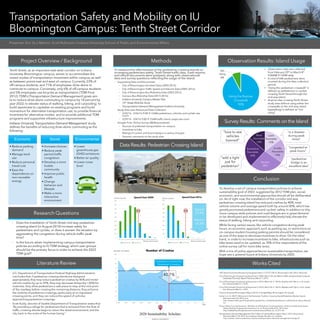 Transportation Safety and Mobility on IU
Bloomington Campus: Tenth Street Corridor
Presenter: Eric Gu | Mentor: Scott Robinson | Indiana University School of Public and Environmental Affairs
Research Questions
• Does the installation of Tenth Street mid-way pedestrian
crossing island (in August 2010) increase safety for
pedestrians and cyclists, or does it worsen the situation by
aggravating the congestion during vehicle traffic peak
time?
• In the future, when implementing campus transportation
policies according to IU TDM strategy, which user groups
should be the primary focus in order to achieve the 2022
TDM goal?
Literature Review
• U.S. Department of Transportation Federal Highway Administration
concludes that, if pedestrian crossing islands are designed
appropriately,they may reduce pedestrian crashes by 46% and motor
vehicle crashes by up to 39%; they may decrease delays (by >30%) for
motorists; they allow pedestrians a safe place to stop at the mid-point
of the roadway before crossing the remaining distance; they enhance
the visibility of pedestrian crossings,particularly at un-signalized
crossing points; and they can reduce the speed of vehicles
approaching pedestrian crossings.
• Scott Kubly, director of Seattle Department of Transportation states that
“By providing a refuge for pedestrians that is removed from the flow of
traffic, crossing islands begin to return the street environment,and the
city, back to the scale of the human being.”
Project Overview / Background
Tenth Street, as an important east-west corridor on Indiana
University Bloomington campus, serves to accommodate the
mixed modes of transportation movement within campus, as well
as between points east and west of campus. Currently, 23% of
off-campus students, and 71% of employees drive alone to
commute to campus. Conversely, only 6% of off-campus students
and 5% employees use bicycles as transportation (TDM Final
2012).TDM’s (Transportation Demand Management) goals aim
to to reduce drive-alone commuting to campus by 10 percent by
year 2022; to elevate status of walking, biking, and carpooling; to
build awareness to capitalize on existing programs and build
momentum for alternative transportation use; to provide financial
incentives for alternative modes; and to provide additional TDM
programs and supportive infrastructure improvements.
Indiana University Transportation Demand Management study
defines the benefits of reducing drive-alone commuting as the
following:
Methods
Data Results: Pedestrian Crossing Island
Survey Results: Comments on the Island
Observation Results: Island Usage
Conclusion
To develop a set of campus transportation policies to achieve
sustainability goal of 2022, suggested by 2012 TDM plan, social,
economic, and environmental approaches should all be deliberated
on. As of right now, the installation of the corridor mid-way
pedestrian crossing island has reduced crashes by 40%, total
vehicle volume and average speed both by around 30%, which has
greatly promoted pedestrians and cyclists’ safety. In addition to this,
more campus-wide policies and road designs are in great demand
to be developed and implemented to effectively help elevate the
status of walking, biking and carpooling.
While facing certain issues, like vehicle congestion during peak
hours, an economic approach, such as parking tax, or restrictions on
on-campus student housing parking permits should be considered
as one of the ways to decrease incentives to drive. On the other
hand, in order to increase incentives to bike, infrastructures such as
bike lanes need to be updated, as 70% of the respondents of the
online survey call for more bike lanes.
With a mix of policy approaches on sustainable transportation,we
hope see a greener future at Indiana University by 2020.
Works Cited
10th Street Study Area [Personal photograph taken in 1275 E 10th St, Bloomington, IN]. (2016, February).
City of Bloomington Engineering Department. (2009, March 25). Nu-Metrics Traffic Analyzer Study Computer
CITYGenerated Summary Report. Retrieved March 1, 2016.
City of Bloomington Engineering Department. (2016, March 8). E. 10th St. Eastbound N. Fee Ln. to N. Jordan
CITYAve. Retrieved March 1, 2016.
City of Bloomington Engineering Department. (2016, March 8). E. 10th St. Westbound N. Fee Ln. to N. Jordan
CITYAve. Retrieved March 1, 2016.
Indiana University Bloomington [Map]. (2016). In Google Maps. Bloomington, IN: Google.
Kubly, S. (n.d.). SDOT: Welcome to the Pedestrian Toolbox: Crossing Islands/Pedestrian Median Islands.
CITYRetrieved April 25,2016, from
CITYhttp://www.seattle.gov/transportation/pedestrian_masterplan/pedestrian_toolbox/tools_deua_islands.h
CITYtm
Proven Safety Countermeasures - Medians and Pedestrian Crossing Islands in Urban and Suburban Areas -
CITYSafety | Federal Highway Administration. (n.d.).Retrieved April 25, 2016, from
CITYhttp://safety.fhwa.dot.gov/provencountermeasures/fhwa_sa_12_011.cfm
Transportation Demand Management Plan Indiana University Bloomington (Rep.). (2012,November).
CITYRetrieved March 18, 2016, from Vanasse Hangen Brustlin, Inc. website:
CITYhttp://sustain.indiana.edu/resources/docs/transportation-demand-management-study.pdf
87
62
73
55
60 59
67
46
41
47
32 30
0
10
20
30
40
50
60
70
80
90
100
2004 2005 2006 2007 2008 2009 2010 2011 2012 2013 2014 2015
Number of Crashes
Installation of Island for
Pedestrian Crossing
40.7%
Using the Pestrian
Crosswalk
92%
Not
Using
8%
Economic
• Reduce parking
demand
• Manage land-
use
• Reduce personal
travel cost
• Ease the
dependence on
non-reusable
energy
Social
• Increase choices
• Reduce peak
period traffic
congestion
• Develop a more
livable
community
• Improve public
health
• Change
behavior and
lifestyle
• Make a more
interactive
environment
Environmental
• Lower
greenhouse gas
(GHG) emissions
• Better air quality
• Lower noise
level
To measure the effectiveness of the pedestrian crossing islands on
increasing pedestrians safety, Tenth Street traffic data, crash reports,
and official documents were analyzed, along with observational
data and survey questions reflecting the usage of the island.
• Supporting Data and Documents:
• City of Bloomington Accident Data (2003-2015)
• City of Bloomington Traffic Speed and Volume Data (2009,2016)
• City of Bloomington Bus Ridership Data (2003-2015)
• Campus Bus Ridership Data (2015-2016)
• Indiana University Campus Master Plan
• 10th Street Mobility Study
• Transportation Demand Management Indiana University
• Study Area User Behavioral Data Collection:
• 2/22/16 - 2/26/16 9:00-9:15AM pedestrians, vehicles and cyclists raw
count
• 2/29/16 - 3/4/16 9:00-9:15AM traffic island usage raw count
• Google Form Online Survey (88 Respondents):
• Sources of preferred transportation on campus
• Incentives to bike
• Ratings of current and future designs or policy changes
• General comments on the study area
0
1000
2000
3000
4000
5000
6000
7000
8000
9000
10 to 14 15 to 19 20 to 24 25 to 29 30 to 34 35 to 39 40 to 44 45 to 49
Speed Chart 2009
West Bound East Bound
0
1000
2000
3000
4000
5000
6000
7000
8000
9000
10 to 14 15 to 19 20 to 24 25 to 29 30 to 34 35 to 39 40 to 44 45 to 49
Speed Chart 2016
West Bound East Bound
Speed
-29.4%
Volume
-31.2%
Vehicles Speed (mph) Vehicles Speed (mph)
Vehicles Quantity Vehicles Quantity
Year
Number of Crashes
Least
Favorable
15%
A Little
Favorable
19%
Neutral
28%
Somewhat
Favorable
24%
Most
Favorable
14%
“add a light
just for
pedestrian”
“is a disaster
during peak
times”
“love to see
vehicles
banned”
“pedestrian
bridge is an
excellent idea”
“congested at
peak hours”
• Observation data was collected
from February 29th to March 4th
9:00AM-9:15AM daily.
• A total of 646 pedestrians were
counted during the data collection
period.
• “Using the pedestrian crosswalk” is
defined as pedestrians or cyclists
crossing Tenth Street through the
mid-way island.
• Anyone else crossing Tenth Street
study area without using either the
crosswalks or the mid-way island
(jaywalking) is defined as “not
using.”
 
