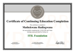 Certificate of Continuing Education Completion
This certificate is awarded to
Mathekwane Radingwana
for successfully completing the 3 CEU/CPE and 3 hour
training course provided by Cybrary in
ITIL Foundation
01/20/2017
Date of Completion
C-545c378e-6c85ad
Certificate Number Ralph P. Sita, CEO
Official Cybrary Certificate - C-545c378e-6c85ad
 
