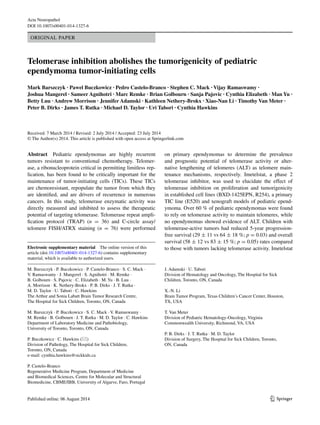 1 3
Acta Neuropathol
DOI 10.1007/s00401-014-1327-6
Original Paper
Telomerase inhibition abolishes the tumorigenicity of pediatric
ependymoma tumor‑initiating cells
Mark Barszczyk · Pawel Buczkowicz · Pedro Castelo‑Branco · Stephen C. Mack · Vijay Ramaswamy ·
Joshua Mangerel · Sameer Agnihotri · Marc Remke · Brian Golbourn · Sanja Pajovic · Cynthia Elizabeth · Man Yu ·
Betty Luu · Andrew Morrison · Jennifer Adamski · Kathleen Nethery‑Brokx · Xiao‑Nan Li · Timothy Van Meter ·
Peter B. Dirks · James T. Rutka · Michael D. Taylor · Uri Tabori · Cynthia Hawkins 
Received: 7 March 2014 / Revised: 2 July 2014 / Accepted: 23 July 2014
© The Author(s) 2014. This article is published with open access at Springerlink.com
on primary ependymomas to determine the prevalence
and prognostic potential of telomerase activity or alter-
native lengthening of telomeres (ALT) as telomere main-
tenance mechanisms, respectively. Imetelstat, a phase 2
telomerase inhibitor, was used to elucidate the effect of
telomerase inhibition on proliferation and tumorigenicity
in established cell lines (BXD-1425EPN, R254), a primary
TIC line (E520) and xenograft models of pediatric epend-
ymoma. Over 60 % of pediatric ependymomas were found
to rely on telomerase activity to maintain telomeres, while
no ependymomas showed evidence of ALT. Children with
telomerase-active tumors had reduced 5-year progression-
free survival (29 ± 11 vs 64 ± 18 %; p = 0.03) and overall
survival (58 ± 12 vs 83 ± 15 %; p = 0.05) rates compared
to those with tumors lacking telomerase activity. Imetelstat
Abstract  Pediatric ependymomas are highly recurrent
tumors resistant to conventional chemotherapy. Telomer-
ase, a ribonucleoprotein critical in permitting limitless rep-
lication, has been found to be critically important for the
maintenance of tumor-initiating cells (TICs). These TICs
are chemoresistant, repopulate the tumor from which they
are identified, and are drivers of recurrence in numerous
cancers. In this study, telomerase enzymatic activity was
directly measured and inhibited to assess the therapeutic
potential of targeting telomerase. Telomerase repeat ampli-
fication protocol (TRAP) (n  = 36) and C-circle assay/
telomere FISH/ATRX staining (n  = 76) were performed
Electronic supplementary material  The online version of this
article (doi:10.1007/s00401-014-1327-6) contains supplementary
material, which is available to authorized users.
M. Barszczyk · P. Buczkowicz · P. Castelo‑Branco · S. C. Mack ·
V. Ramaswamy · J. Mangerel · S. Agnihotri · M. Remke ·
B. Golbourn · S. Pajovic · C. Elizabeth · M. Yu · B. Luu ·
A. Morrison · K. Nethery‑Brokx · P. B. Dirks · J. T. Rutka ·
M. D. Taylor · U. Tabori · C. Hawkins 
The Arthur and Sonia Labatt Brain Tumor Research Centre,
The Hospital for Sick Children, Toronto, ON, Canada
M. Barszczyk · P. Buczkowicz · S. C. Mack · V. Ramaswamy ·
M. Remke · B. Golbourn · J. T. Rutka · M. D. Taylor · C. Hawkins 
Department of Laboratory Medicine and Pathobiology,
University of Toronto, Toronto, ON, Canada
P. Buczkowicz · C. Hawkins (*) 
Division of Pathology, The Hospital for Sick Children,
Toronto, ON, Canada
e-mail: cynthia.hawkins@sickkids.ca
P. Castelo‑Branco 
Regenerative Medicine Program, Department of Medicine
and Biomedical Sciences, Centre for Molecular and Structural
Biomedicine, CBME/IBB, University of Algarve, Faro, Portugal
J. Adamski · U. Tabori 
Division of Hematology and Oncology, The Hospital for Sick
Children, Toronto, ON, Canada
X.-N. Li 
Brain Tumor Program, Texas Children’s Cancer Center, Houston,
TX, USA
T. Van Meter 
Division of Pediatric Hematology‑Oncology, Virginia
Commonwealth University, Richmond, VA, USA
P. B. Dirks · J. T. Rutka · M. D. Taylor 
Division of Surgery, The Hospital for Sick Children, Toronto,
ON, Canada
 