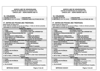 AEROCLUBE DE ARARAQUARA AEROCLUBE DE ARARAQUARA
CENTRO DE INSTRUÇÃO DA AVIAÇÃO CIVIL CENTRO DE INSTRUÇÃO DA AVIAÇÃO CIVIL
CHECK LIST – AERO BOERO AB115 CHECK LIST – AERO BOERO AB115
16. CRUZEIRO 16. CRUZEIRO
1. REGIME DE MOTOR 2350/2450 RPM 1. REGIME DE MOTOR 2350/2450 RPM
2. MISTURA [A partir de 5000ft] 2. MISTURA [A partir de 5000ft]CORRIGIR PARA A ALTITUDE DE VOO CORRIGIR PARA A ALTITUDE DE VOO
17. ANTES DO POUSO (NO TRÁFEGO) 17. ANTES DO POUSO (NO TRÁFEGO)
Observações de Segurança: Observações de Segurança:
Fonia: Informar entrada no circuito de tráfego, e todas as demais posições. Fonia: Informar entrada no circuito de tráfego, e todas as demais posições.
Velocidade no circuito da ATZ: 80 Mph Velocidade no circuito da ATZ: 80 Mph
PERNA DO VENTO PERNA DO VENTO
1. FONIA INFORMAR POSIÇÃO 1. FONIA INFORMAR POSIÇÃO
2. COMBUSTÍVEL SUFICIENTE PARA UMA ARREMETIDA 2. COMBUSTÍVEL SUFICIENTE PARA UMA ARREMETIDA
3. BATERIA/ALTERNADOR/MAGNETOS LIGADOS 3. BATERIA/ALTERNADOR/MAGNETOS LIGADOS
4. MISTURA RICA 4. MISTURA RICA
5. SELETORAS DE COMBUSTÍVEL AMBAS EM ABERTO 5. SELETORAS DE COMBUSTÍVEL AMBAS EM ABERTO
6. AQUECIMENTO DO CARBURADOR COMO NECESSÁRIO 6. AQUECIMENTO DO CARBURADOR COMO NECESSÁRIO
7. FAROL DE POUSO LIGADO SE NECESSÁRIO 7. FAROL DE POUSO LIGADO SE NECESSÁRIO
TRAVÉS DA CABECEIRA EM USO (Pouso sem motor) TRAVÉS DA CABECEIRA EM USO (Pouso sem motor)
1. MANETE DE POTÊNCIA TODA REDUZIDA 1. MANETE DE POTÊNCIA TODA REDUZIDA
2. AQUECIMENTO DO CARBURADOR COMO NECESSÁRIO 2. AQUECIMENTO DO CARBURADOR COMO NECESSÁRIO
3. VELOCIDADE 65 Mph 3. VELOCIDADE 65 Mph
4. FLAP’S 15 GRAUS (1º posição) 4. FLAP’S 15 GRAUS (1º posição)
PERNA BASE PERNA BASE
1. FONIA INFORMAR POSIÇÃO (Trem fixo) 1. FONIA INFORMAR POSIÇÃO (Trem fixo)
2. MANETE DE POTÊNCIA TODA REDUZIDA 2. MANETE DE POTÊNCIA TODA REDUZIDA
3. FLAP’S 30 GRAUS (2º posição) 3. FLAP’S 30 GRAUS (2º posição)
4. VELOCIDADE 65 Mph 4. VELOCIDADE 65 Mph
CHECAR SE ESTÁ LIVRE PARA INGRESSAR E
POUSAR
CHECAR SE ESTÁ LIVRE PARA INGRESSAR E
POUSAR
5. RETA FINAL E PRINCIPAL 5. RETA FINAL E PRINCIPAL
RETA FINAL RETA FINAL
1. FONIA INFORMAR POSIÇÃO 1. FONIA INFORMAR POSIÇÃO
2. MANETE DE POTÊNCIA REDUZIDA (Caso necessário utilize) 2. MANETE DE POTÊNCIA REDUZIDA (Caso necessário utilize)
3. FLAP’S 45 GRAUS (3º posição) 3. FLAP’S 45 GRAUS (3º posição)
65 Mph (Vento Calmo) 65 Mph (Vento Calmo)
4. VELOCIDADE
70 Mph (Turbulência/Vento Cruzado)
4. VELOCIDADE
70 Mph (Turbulência/Vento Cruzado)
IMPRESSO 0830301 Página 14 de 22 IMPRESSO 0830301 Página 14 de 22
 