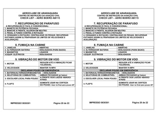 AEROCLUBE DE ARARAQUARA AEROCLUBE DE ARARAQUARA
CENTRO DE INSTRUÇÃO DA AVIAÇÃO CIVIL CENTRO DE INSTRUÇÃO DA AVIAÇÃO CIVIL
CHECK LIST – AERO BOERO AB115 CHECK LIST – AERO BOERO AB115
7. RECUPERAÇÃO DE PARAFUSO 7. RECUPERAÇÃO DE PARAFUSO
A RECUPERAÇÃO É FÁCIL E CONVENCIONAL: A RECUPERAÇÃO É FÁCIL E CONVENCIONAL:
1. MANETE DE POTÊNCIA FECHADA 1. MANETE DE POTÊNCIA FECHADA
2. MANCHE A FRENTE, AILERON EM NEUTRO 2. MANCHE A FRENTE, AILERON EM NEUTRO
3. PEDAL A FUNDO CONTRA A ROTAÇÃO 3. PEDAL A FUNDO CONTRA A ROTAÇÃO
4. CESSANDO A ROTAÇÃO, CENTRALIZAR OS PEDAIS: RECUPERAR
EVITANDO ASSIM ULTRAPASSAR OS LIMITES DE VELOCIDADE E
ACELERAÇÃO.
4. CESSANDO A ROTAÇÃO, CENTRALIZAR OS PEDAIS: RECUPERAR
EVITANDO ASSIM ULTRAPASSAR OS LIMITES DE VELOCIDADE E
ACELERAÇÃO.
8. FUMAÇA NA CABINE 8. FUMAÇA NA CABINE
1. JANELAS ABERTAS 1. JANELAS ABERTAS
2. ALTERNADOR/ BATERIA DESLIGADOS (PARA BAIXO) 2. ALTERNADOR/ BATERIA DESLIGADOS (PARA BAIXO)
3. MAGNETOS LIGADOS 3. MAGNETOS LIGADOS
4.EQUIP. ELÉTRICOS DESLIGADOS 4.EQUIP. ELÉTRICOS DESLIGADOS
9. VIBRAÇÃO DO MOTOR EM VOO 9. VIBRAÇÃO DO MOTOR EM VOO
1. MOTOR
REDUZIR ATÉ A VIBRAÇÃO FICAR
TOLERÁVEL
REDUZIR ATÉ A VIBRAÇÃO FICAR
TOLERÁVEL
1. MOTOR
2. VELOCIDADE MANTER 70 MPH 2. VELOCIDADE MANTER 70 MPH
DECLARAR POUSO EM EMERGÊNCIA DECLARAR POUSO EM EMERGÊNCIA
1. BATERIA/ALTERNADOR/MAGNETOS DESLIGADOS 1. BATERIA/ALTERNADOR/MAGNETOS DESLIGADOS
2. SELETORAS DE COMBUSTÍVEL AMBAS FECHADAS (p/ baixo) 2. SELETORAS DE COMBUSTÍVEL AMBAS FECHADAS (p/ baixo)
A FRENTE /DOS LADOS/ ABAIXO/
ATRAS
A FRENTE/ DOS LADOS/ ABAIXO/
ATRAS
3. ESCOLHER LOCAL PARA POUSO 3. ESCOLHER LOCAL PARA POUSO
4. FLAP’S
SOMENTE USAR NA CERTEZA
DO POUSO. Usar na final para pouso 45º
SOMENTE USAR NA CERTEZA
4. FLAP’S
DO POUSO. Usar na final para pouso 45º
IMPRESSO 0830301 Página 20 de 22IMPRESSO 0830301 Página 20 de 22
 