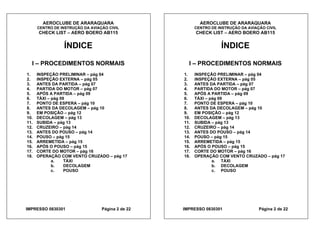 AEROCLUBE DE ARARAQUARA AEROCLUBE DE ARARAQUARA
CENTRO DE INSTRUÇÃO DA AVIAÇÃO CIVIL CENTRO DE INSTRUÇÃO DA AVIAÇÃO CIVIL
CHECK LIST – AERO BOERO AB115 CHECK LIST – AERO BOERO AB115
ÍNDICE ÍNDICE
I – PROCEDIMENTOS NORMAIS I – PROCEDIMENTOS NORMAIS
1. INSPEÇÃO PRELIMINAR – pág 04 1. INSPEÇÃO PRELIMINAR – pág 04
2. INSPEÇÃO EXTERNA – pág 05 2. INSPEÇÃO EXTERNA – pág 05
3. ANTES DA PARTIDA – pág 07 3. ANTES DA PARTIDA – pág 07
4. PARTIDA DO MOTOR – pág 07 4. PARTIDA DO MOTOR – pág 07
5. APÓS A PARTIDA – pág 09 5. APÓS A PARTIDA – pág 09
6. TÁXI – pág 09 6. TÁXI – pág 09
7. PONTO DE ESPERA – pág 10 7. PONTO DE ESPERA – pág 10
8. ANTES DA DECOLAGEM – pág 10 8. ANTES DA DECOLAGEM – pág 10
9. EM POSIÇÃO – pág 12 9. EM POSIÇÃO – pág 12
10. DECOLAGEM – pág 13 10. DECOLAGEM – pág 13
11. SUBIDA – pág 13 11. SUBIDA – pág 13
12. CRUZEIRO – pág 14 12. CRUZEIRO – pág 14
13. ANTES DO POUSO – pág 14 13. ANTES DO POUSO – pág 14
14. POUSO – pág 15 14. POUSO – pág 15
15. ARREMETIDA – pág 15 15. ARREMETIDA – pág 15
16. APÓS O POUSO – pág 15 16. APÓS O POUSO – pág 15
17. CORTE DO MOTOR – pág 16 17. CORTE DO MOTOR – pág 16
18. OPERAÇÃO COM VENTO CRUZADO – pág 17 18. OPERAÇÃO COM VENTO CRUZADO – pág 17
a. TÁXI a. TÁXI
b. DECOLAGEM b. DECOLAGEM
c. POUSO c. POUSO
IMPRESSO 0830301 Página 2 de 22 IMPRESSO 0830301 Página 2 de 22
 