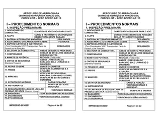 AEROCLUBE DE ARARAQUARA AEROCLUBE DE ARARAQUARA
CENTRO DE INSTRUÇÃO DA AVIAÇÃO CIVIL CENTRO DE INSTRUÇÃO DA AVIAÇÃO CIVIL
CHECK LIST – AERO BOERO AB115 CHECK LIST – AERO BOERO AB115
I – PROCEDIMENTOS NORMAIS I – PROCEDIMENTOS NORMAIS
1. INSPEÇÃO PRELIMINAR: 1. INSPEÇÃO PRELIMINAR:
1. INDICADORES DE
COMBUSTÍVEL
1. INDICADORES DE
COMBUSTÍVEL
QUANTIDADE ADEQUADA PARA O VOO QUANTIDADE ADEQUADA PARA O VOO
CURSO E TRAVAMENTO DAS POSIÇÕES CURSO E TRAVAMENTO DAS POSIÇÕES
2. FLAP’S
DEIXAR TOTALMENTE BAIXADO
2. FLAP’S
DEIXAR TOTALMENTE BAIXADO
3. BATERIA/ ALTERNADOR/ MAGNETOS DESLIGADOS 3. BATERIA/ ALTERNADOR/ MAGNETOS DESLIGADOS
4. AQUECIMENTO DO CARBURADOR/ CABINE FECHADOS 4. AQUECIMENTO DO CARBURADOR/ CABINE FECHADOS
5. EQPTOS ELÉTRICOS E ELETRÔNICOS
(Turn Coordenator/ VHF/ Transponder/ Farol de
Pouso/Luz de Posição)
DESLIGADOS
5. EQPTOS ELÉTRICOS E ELETRÔNICOS
(Turn Coordenator/ VHF/ Transponder/ Farol de
Pouso/Luz de Posição)
DESLIGADOS
6. SELETORA DE COMBUSTÍVEL AMBAS EM ABERTO PARA BAIXO 6. SELETORA DE COMBUSTÍVEL AMBAS EM ABERTO PARA BAIXO
CHECAR SE ESTÁ LIVRE DEIXAR NA
POSIÇÃO NEUTRA
7. COMPENSADOR CHECAR SE ESTÁ LIVRE DEIXAR NA
POSIÇÃO NEUTRA
7. COMPENSADOR
FECHADA [Toda Atrás]8. MANETE DE POTÊNCIA FECHADA [Toda Atrás]8. MANETE DE POTÊNCIA
AMBOS LIVRES PARA DC
9. CINTOS DE SEGURANÇA
[Dianteiro/Traseiro]
PARA VOO SOLO LIVRAR SÓ O
DIANTEIRO
AMBOS LIVRES PARA DC
9. CINTOS DE SEGURANÇA
[Dianteiro/Traseiro]
PARA VOO SOLO LIVRAR SÓ O
DIANTEIRO
10. PEDAIS DO LEME LIVRES E CORRETOS 10. PEDAIS DO LEME LIVRES E CORRETOS
VERIFICAR VAZAMENTOS E A
ATUAÇÃO
11. FREIOS VERIFICAR VAZAMENTOS E A
ATUAÇÃO
11. FREIOS
VERIFICAR ESTADO GERAL,
FIXAÇÃO E CAPAS PROTETORAS.
VERIFICAR SE ESTÃO LIVRES E
CORRETOS
12. MANCHES
VERIFICAR ESTADO GERAL,
FIXAÇÃO E CAPAS PROTETORAS.
VERIFICAR SE ESTÃO LIVRES E
CORRETOS
12. MANCHES
13. EXTINTOR DE INCÊNDIO CARGA E FIXAÇÃO 13. EXTINTOR DE INCÊNDIO CARGA E FIXAÇÃO
VERIFICAR ESTADO E
INDICAÇÃO
14. INSTRUMENTOS VERIFICAR ESTADO E
INDICAÇÃO
14. INSTRUMENTOS
15. DECANTADOR DE ÁGUA DA LINHA DE
PRESSÃO ESTÁTICA (Quando houver)
VERIFICAR E DRENAR 15. DECANTADOR DE ÁGUA DA LINHA DE
PRESSÃO ESTÁTICA (Quando houver)
VERIFICAR E DRENAR
16. BAGAGEIRO FIXAR BAGAGEM/CHECAR BATERIA 16. BAGAGEIRO FIXAR BAGAGEM/CHECAR BATERIA
17. DOCUMENTOS
PILOTO/AERONAVE
VERIFICAR SE ESTÃO A BORDO 17. DOCUMENTOS
PILOTO/AERONAVE
VERIFICAR SE ESTÃO A BORDO
IMPRESSO 0830301 Página 4 de 22 IMPRESSO 0830301 Página 4 de 22
 