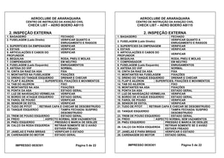 AEROCLUBE DE ARARAQUARA AEROCLUBE DE ARARAQUARA
CENTRO DE INSTRUÇÃO DA AVIAÇÃO CIVIL CENTRO DE INSTRUÇÃO DA AVIAÇÃO CIVIL
CHECK LIST – AERO BOERO AB115 CHECK LIST – AERO BOERO AB115
2. INSPEÇÃO EXTERNA 2. INSPEÇÃO EXTERNA
1. BAGAGEIRO FECHADO 1. BAGAGEIRO FECHADO
VERIFICAR QUANTO A
ENRUGAMENTO E RASGOS
2. FUSELAGEM (Lado Direito) VERIFICAR QUANTO A
ENRUGAMENTO E RASGOS
2. FUSELAGEM (Lado Direito)
3. SUPERFÍCIES DA EMPENAGEM VERIFICAR 3. SUPERFÍCIES DA EMPENAGEM VERIFICAR
4. ESTAIS VERIFICAR 4. ESTAIS VERIFICAR
5. ARTICULAÇÕES E CABOS DO
PROFUNDOR
VERIFICAR 5. ARTICULAÇÕES E CABOS DO
PROFUNDOR
VERIFICAR
6. BEQUILHA RODA, PNEU E MOLAS 6. BEQUILHA RODA, PNEU E MOLAS
7. COMPENSADOR EM NEUTRO 7. COMPENSADOR EM NEUTRO
8. FUSELAGEM (Lado Esquerdo) ENRUGAMENTOS 8. FUSELAGEM (Lado Esquerdo) ENRUGAMENTOS
9. ANTENA DO VHF NORMAL 9. ANTENA DO VHF NORMAL
10. CINTA DA RAIZ DA ASA FIXA 10. CINTA DA RAIZ DA ASA FIXA
11. MONTANTES NA FUSELAGEM FIXAÇÕES 11. MONTANTES NA FUSELAGEM FIXAÇÕES
12. DRENO DO TANQUE ESQUERDO DRENAR E CHECAR 12. DRENO DO TANQUE ESQUERDO DRENAR E CHECAR
13. FLAP E AILERON SUPERFÍCIES, FIXAÇÕES E MOVIMENTOS 13. FLAP E AILERON SUPERFÍCIES, FIXAÇÕES E MOVIMENTOS
14. TAB DO AILERON FIXO 14. TAB DO AILERON FIXO
15. MONTANTES NA ASA FIXAÇÕES 15. MONTANTES NA ASA FIXAÇÕES
16. PONTA DA ASA ESTADO GERAL 16. PONTA DA ASA ESTADO GERAL
17. LUZ DE NAVEGAÇÃO VERMELHA VERIFICAR 17. LUZ DE NAVEGAÇÃO VERMELHA VERIFICAR
18. BORDO DE ATAQUE ESQUERDO ESTADO GERAL 18. BORDO DE ATAQUE ESQUERDO ESTADO GERAL
19. FAROL DE POUSO VERIFICAR 19. FAROL DE POUSO VERIFICAR
20. SENSOR DE ESTOL VERIFICAR 20. SENSOR DE ESTOL VERIFICAR
21. TUDO DE PITOT RETIRAR CAPA E CHECAR SE DESOBSTRUÍDO 21. TUDO DE PITOT RETIRAR CAPA E CHECAR SE DESOBSTRUÍDO
22. TANQUE ESQUERDO TAMPA FECHADA/ SUSPIRO
DESOBSTRUÍDO
TAMPA FECHADA/ SUSPIRO
DESOBSTRUÍDO
22. TANQUE ESQUERDO
23. TREM DE POUSO ESQUERDO ESTADO GERAL 23. TREM DE POUSO ESQUERDO ESTADO GERAL
24. FREIO ASPECTO NORMAL SEM VAZAMENTOS 24. FREIO ASPECTO NORMAL SEM VAZAMENTOS
25. PNEU ESQUERDO PRESSÃO E MARCA DE DESLIZE 25. PNEU ESQUERDO PRESSÃO E MARCA DE DESLIZE
26. CALÇO DA RODA ESQUERDA RETIRAR SOMENTE SE O AVIÃO
ESTIVER FREADO
RETIRAR SOMENTE SE O AVIÃO
ESTIVER FREADO
26. CALÇO DA RODA ESQUERDA
27. JANELAS E PARA BRISAS VERIFICAR O ESTADO 27. JANELAS E PARA BRISAS VERIFICAR O ESTADO
28. CARENAGEM DO MOTOR ESTADO GERAL 28. CARENAGEM DO MOTOR ESTADO GERAL
IMPRESSO 0830301 Página 5 de 22IMPRESSO 0830301 Página 5 de 22
 