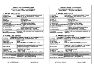 AEROCLUBE DE ARARAQUARA AEROCLUBE DE ARARAQUARA
CENTRO DE INSTRUÇÃO DA AVIAÇÃO CIVIL CENTRO DE INSTRUÇÃO DA AVIAÇÃO CIVIL
CHECK LIST – AERO BOERO AB115 CHECK LIST – AERO BOERO AB115
3. ANTES DA PARTIDA 3. ANTES DA PARTIDA
1. CINTOS AJUSTADOS E TRAVADOS (Instrutor e Aluno) 1. CINTOS AJUSTADOS E TRAVADOS (Instrutor e Aluno)
2. LÁBIOFONE EM POSIÇÃO DE USO (Instrutor e Aluno) 2. LÁBIOFONE EM POSIÇÃO DE USO (Instrutor e Aluno)
3. FREIOS APLICADOS 3. FREIOS APLICADOS
4. FLAP’S RECOLHIDOS 4. FLAP’S RECOLHIDOS
5. BATERIA LIGADA (para cima) 5. BATERIA LIGADA (para cima)
6. ALTERNADOR DESLIGADO (para baixo) 6. ALTERNADOR DESLIGADO (para baixo)
7. MAGNETOS DESLIGADOS (para baixo) 7. MAGNETOS DESLIGADOS (para baixo)
8. AQUECIMENTO CARBURADOR/ CABINE FECHADO/ FRIO 8. AQUECIMENTO CARBURADOR/ CABINE FECHADO/ FRIO
9. LUZES DE POSIÇÃO LIGADA 9. LUZES DE POSIÇÃO LIGADA
LIGADO NA FREQUÊNCIA CORRETA LIGADO NA FREQUÊNCIA CORRETA
10. RADIO VHF
Checar volume com o Squelch
10. RADIO VHF
Checar volume com o Squelch
11. INTERCOMM CHECADO QUANDO DUPLO COMANDO 11. INTERCOMM CHECADO QUANDO DUPLO COMANDO
12. FONIA CHAMAR TRÁFEGO PARA A AUTORIZAÇÃO DE
TRÁFEGO
12. FONIA CHAMAR TRÁFEGO PARA A AUTORIZAÇÃO DE
TRÁFEGOAeródromo Controlado Aeródromo Controlado
4. PARTIDA DO MOTOR 4. PARTIDA DO MOTOR
CHAMAR SOLO PARA AUTORIZAÇÃO DE ACIONAMENTO OU
REPORTAR INTENÇÃO EM AD NÃO CONTROLADO
CHAMAR SOLO PARA AUTORIZAÇÃO DE ACIONAMENTO OU
REPORTAR INTENÇÃO EM AD NÃO CONTROLADO
1. FONIA 1. FONIA
2. RADIO VHF DESLIGADO 2. RADIO VHF DESLIGADO
3. MISTURA RICA 3. MISTURA RICA
4. SELETORAS DE
COMBUSTÍVEL
CHECAR AMBAS EM ABERTO (para baixo) 4. SELETORAS DE
COMBUSTÍVEL
CHECAR AMBAS EM ABERTO (para baixo)
BOMBEAR 3 VEZES E AVANÇAR ¼ DO CURSO
(se o avião estiver com o motor quente,
bombear somente 1 vez)
BOMBEAR 3 VEZES E AVANÇAR ¼ DO CURSO
(se o avião estiver com o motor quente,
bombear somente 1 vez)
5. POTÊNCIA 5. POTÊNCIA
6. MAGNETOS LIGADOS (para cima) 6. MAGNETOS LIGADOS (para cima)
7. FREIOS APLICADOS 7. FREIOS APLICADOS
8. CHECAR ÁREA LIVRE ÁREA LIVRE.. Na dúvida não acione o motor 8. CHECAR ÁREA LIVRE ÁREA LIVRE.. Na dúvida não acione o motor
ACIONAMENTO DO MOTOR ACIONAMENTO DO MOTOR
Caso houver dificuldade na partida com o motor, aguarde 1 minuto para acioná-lo
novamente. “A INSISTÊNCIA PODERÁ DANIFICÁ-LO."
Caso houver dificuldade na partida com o motor, aguarde 1 minuto para acioná-lo
novamente. “A INSISTÊNCIA PODERÁ DANIFICÁ-LO."
PRESSIONE ATÉ O MOTOR PEGAR PRESSIONE ATÉ O MOTOR PEGAR
9. BOTÃO DE PARTIDA
Após, soltá-lo para não danificar o motor de arranque
9. BOTÃO DE PARTIDA
Após, soltá-lo para não danificar o motor de arranque
IMPRESSO 0830301 Página 7 de 22 IMPRESSO 0830301 Página 7 de 22
 