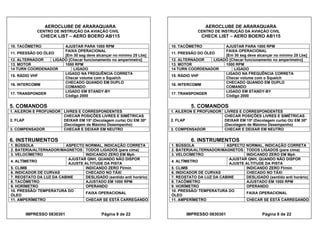 AEROCLUBE DE ARARAQUARA AEROCLUBE DE ARARAQUARA
CENTRO DE INSTRUÇÃO DA AVIAÇÃO CIVIL CENTRO DE INSTRUÇÃO DA AVIAÇÃO CIVIL
CHECK LIST – AERO BOERO AB115 CHECK LIST – AERO BOERO AB115
10. TACÔMETRO AJUSTAR PARA 1000 RPM 10. TACÔMETRO AJUSTAR PARA 1000 RPM
FAIXA OPERACIONAL FAIXA OPERACIONAL
11. PRESSÃO DO ÓLEO
[Em 30 seg deve alcançar no mínimo 25 Lbs]
11. PRESSÃO DO ÓLEO
[Em 30 seg deve alcançar no mínimo 25 Lbs]
12. ALTERNADOR LIGADO [Checar funcionamento no amperímetro] 12. ALTERNADOR LIGADO [Checar funcionamento no amperímetro]
13. MOTOR 1000 RPM 13. MOTOR 1000 RPM
14 TURN COORDENADOR LIGADO 14 TURN COORDENADOR LIGADO
LIGADO NA FREQUÊNCIA CORRETA LIGADO NA FREQUÊNCIA CORRETA
15. RÁDIO VHF
Checar volume com o Squelch
15. RÁDIO VHF
Checar volume com o Squelch
CHECADO QUANDO EM DUPLO
COMANDO
CHECADO QUANDO EM DUPLO
COMANDO
16. INTERCOMM 16. INTERCOMM
LIGADO EM STANDY-BY LIGADO EM STANDY-BY
17. TRANSPONDER
Código 2000
17. TRANSPONDER
Código 2000
5. COMANDOS 5. COMANDOS
1. AILERON E PROFUNDOR LIVRES E CORRESPONDENTES 1. AILERON E PROFUNDOR LIVRES E CORRESPONDENTES
CHECAR POSIÇÕES LIVRES E SIMÉTRICAS CHECAR POSIÇÕES LIVRES E SIMÉTRICAS
2. FLAP DEIXAR EM 15º (Decolagem curta) OU EM 30º
(Decolagem de Máximo Desempenho)
2. FLAP DEIXAR EM 15º (Decolagem curta) OU EM 30º
(Decolagem de Máximo Desempenho)
3. COMPENSADOR CHECAR E DEIXAR EM NEUTRO 3. COMPENSADOR CHECAR E DEIXAR EM NEUTRO
6. INSTRUMENTOS 6. INSTRUMENTOS
1. BÚSSOLA ASPECTO NORMAL, INDICAÇÃO CORRETA 1. BÚSSOLA ASPECTO NORMAL, INDICAÇÃO CORRETA
2. BATERIA/ALTERNADOR/MAGNETOS TODOS LIGADOS (para cima) 2. BATERIA/ALTERNADOR/MAGNETOS TODOS LIGADOS (para cima)
3. VELOCÍMETRO INDICANDO ZERO EM Mph 3. VELOCÍMETRO INDICANDO ZERO EM Mph
AJUSTAR QNH, QUANDO NÃO DISPOR
AJUSTE ALTITUDE DA PISTA
AJUSTAR QNH, QUANDO NÃO DISPOR
AJUSTE ALTITUDE DA PISTA
4. ALTÍMETRO 4. ALTÍMETRO
5. CLIMB INDICANDO ZERO Ft/min 5. CLIMB INDICANDO ZERO Ft/min
6. INDICADOR DE CURVAS CHECADO NO TÁXI 6. INDICADOR DE CURVAS CHECADO NO TÁXI
7. REOSTATO DA LUZ DA CABINE DESLIGADO (sentido anti horário) 7. REOSTATO DA LUZ DA CABINE DESLIGADO (sentido anti horário)
8. TACÔMETRO AJUSTADO EM 1000 RPM 8. TACÔMETRO AJUSTADO EM 1000 RPM
9. HORÍMETRO OPERANDO 9. HORÍMETRO OPERANDO
10. PRESSÃO/ TEMPERATURA DO
ÓLEO
10. PRESSÃO/ TEMPERATURA DO
ÓLEO
FAIXA OPERACIONAL FAIXA OPERACIONAL
11. AMPERÍMETRO CHECAR SE ESTÁ CARREGANDO 11. AMPERÍMETRO CHECAR SE ESTÁ CARREGANDO
IMPRESSO 0830301 Página 8 de 22 IMPRESSO 0830301 Página 8 de 22
 
