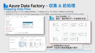Azure Data Factory – 収集 & 前処理
Mapping Data Flow
• Mapping Data Flow (データフローの変換) を使用すると、コードを記述しなくても、グラフィカルなデータ変換ロジックを作成可能。
• 生成されたデータ フローは、スケールアウトされた Apache Spark クラスターを使用し、Azure Data Factory パイプライン内でアクティビティとして実行。
GUI を利用して、
結合・集計等のデータ処理を作成
処理自体は Spark
の並列分散処理基盤で実行
https://docs.microsoft.com/ja-jp/azure/data-factory/concepts-data-flow-overview
 