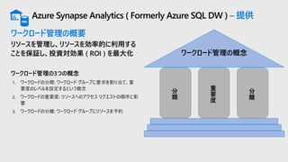 Azure Synapse Analytics ( Formerly Azure SQL DW ) – 提供
ワークロード管理の概要
リソースを管理し、リソースを効率的に利用する
ことを保証し、投資対効果 ( ROI ) を最大化
ワークロード管理の3つの概念
1. ワークロードの分類: ワークロード グループに要求を割り当て、重
要度のレベルを設定するという概念
2. ワークロードの重要度: リソースへのアクセス リクエストの順序に影
響
3. ワークロードの分離: ワークロード グループにリソースを予約
ワークロード管理の概念
分
類
重
要
度
分
離
 
