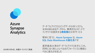 Azure
Synapse
Analytics
2019年11月4日、米国オーランドにて発表
データ ウェアハウスとビッグデータ分析システム
全体のあらゆるデータから、驚異的なスピードで
インサイトを提供する無制限の分析サービス
簡単に言うと、Azure Synapse は、Azure
SQL Data Warehouse の進化系です
業界最高水準のデータ ウェアハウスを手に入れ、
同時に全く新しいレベルのパフォーマンスと機能レ
ベルに進化させました
 