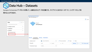 Data Hub – Datasets
Synapse Orchestrate データセットを用いて、永続化されたデータを定義でき、パイプラインにおけるソースデータ、シンクデータとして利
用することができます。
 
