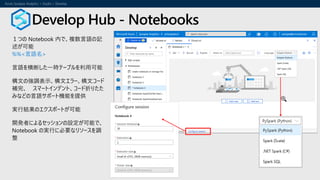 １つの Notebook 内で、複数言語の記
述が可能
%%<言語名>
言語を横断した一時テーブルを利用可能
構文の強調表示、構文エラー、構文コード
補完、 スマートインデント、コード折りたた
みなどの言語サポート機能を提供
実行結果のエクスポートが可能
開発者によるセッションの設定が可能で、
Notebook の実行に必要なリソースを調
整
Develop Hub - Notebooks
 