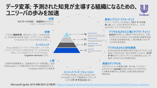 データ変革; 予測された知見が主導する組織になるための、
ユニリーバの歩みを加速
販売とブランド パフォーマンス
デジタル化された工場とサプライ チェイン
AI/IoTを活用して工場のデジタル化を行い、予測
メンテナンス+エネルギーコストの削減+廃棄物削減
+歩留まりの改善を実現。工場労働者にセルフサ
ービスの知見を提供
ユニリーバ フード ソリューション
アップセルでの売り上げ向上のため、DTC
チャネルを介したデータ駆動型マーケティング
に対するデータ サイエンスを導入
人事
従業員の業務簡素化、従業員の手にデータを配置し、会話
型AI(Una)を介して手動反復タスクのコストを削減することで、
Employee 2020ビジョンを実現
財務
法務
デジタル化された研究開発
科学的な知見の改善を可能にするビッグ サイエンスの
取組 ( プロセス分析、統合生物学 ) に向けて、ビッグ
データのモデリングとイノベーションの高速化により、市
場投入までのコストと時間を削減
マーケティング
資産のデジタル化
コネクテッドコーヒー自動販売機、浄水器、アイスクリー
ムキャビネットにIoT/AIを活用した新しいビジネスモデル
と消費者体験の向上を実現。在庫/資産の損金処
理を削減
Microsoft Ignite 2019 BRK3051より抜粋: https://myignite.techcommunity.microsoft.com/sessions/81055?source=sessions
 