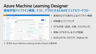 Azure Machine Learning Designer
機械学習パイプライン構築、テスト、デプロイするためのビジュアルワークフロー
• 直感的なマウス操作によるパイプライン構築
• 特徴量エンジニアリング
• モデル学習 (回帰、分類、クラスタリング)
• 推論 (リアルタイム & バッチ推論)
• カスタムモデル・スクリプト (Python, R)
# 従来の Azure Machine Learning Studio (Classic) の最新版
 