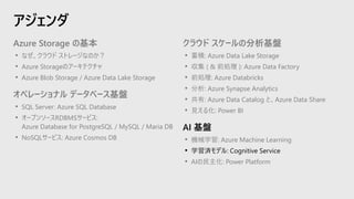 アジェンダ
クラウド スケールの分析基盤
• 蓄積: Azure Data Lake Storage
• 収集 ( & 前処理 ): Azure Data Factory
• 前処理: Azure Databricks
• 分析: Azure Synapse Analytics
• 共有: Azure Data Catalog と、Azure Data Share
• 見える化: Power BI
AI 基盤
• 機械学習: Azure Machine Learning
• 学習済モデル: Cognitive Service
• AIの民主化: Power Platform
Azure Storage の基本
• なぜ、クラウド ストレージなのか？
• Azure Storageのアーキテクチャ
• Azure Blob Storage / Azure Data Lake Storage
オペレーショナル データベース基盤
• SQL Server: Azure SQL Database
• オープンソースRDBMSサービス:
Azure Database for PostgreSQL / MySQL / Maria DB
• NoSQLサービス: Azure Cosmos DB
 