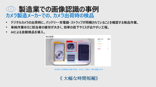 製造業での画像認識の事例
カメラ製造メーカーでの、カメラ出荷時の検品
• デジタルカメラの出荷時に、バッテリー・充電器・ストラップが同梱されていることを確認する検品作業。
• 単純作業ゆえに担当者の疲労が大きく、効率の低下やミスが出やすい工程。
• AIによる自動検品を導入。
AIは個々の同梱物の位置や形状、大きさ、色等も一瞬で認識できる
《 大幅な時間短縮》
 