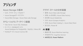 アジェンダ
クラウド スケールの分析基盤
• 蓄積: Azure Data Lake Storage
• 収集 ( & 前処理 ): Azure Data Factory
• 前処理: Azure Databricks
• 分析: Azure Synapse Analytics
• 共有: Azure Data Catalog と、Azure Data Share
• 見える化: Power BI
AI 基盤
• 機械学習: Azure Machine Learning
• 学習済モデル: Cognitive Service
• AIの民主化: Power Platform
Azure Storage の基本
• なぜ、クラウド ストレージなのか？
• Azure Storageのアーキテクチャ
• Azure Blob Storage / Azure Data Lake Storage
オペレーショナル データベース基盤
• SQL Server: Azure SQL Database
• オープンソースRDBMSサービス:
Azure Database for PostgreSQL / MySQL / Maria DB
• NoSQLサービス: Azure Cosmos DB
 