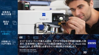 エッジ コンピューティング導入以前は、クラウドでの分析が問題を指摘した時
点で、応答時間と、場合によっては製品を無駄にしていました。Azure SQL
Edgeにより、応答時間と必要なサイクル数の両方を削減します。
MAXIMILIAN STUETZ
IT Solutions Manager, ZEISS
従業員の
働き方支援
製品の
変革
オペレーション
の最適化
 