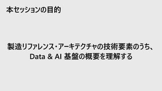製造リファレンス・アーキテクチャの技術要素のうち、
Data & AI 基盤の概要を理解する
本セッションの目的
 