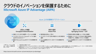 クラウドのイノベーションを保護するために
Microsoft Azure IP Advantage (AIPA)
Azure 上のお客様のアプリケーションMicrosoft*
Online
Services
特許の選択
Patent Pick
特許ライセンスの提供
Springing License + LOT
上限なしの補償
Uncapped Indemnification
⚫ 知財リスクに対する業界トップレベルの保護
⚫ マイクロソフトによってAzureサービスに組み
込まれたOSSもカバー
1
⚫ 既定でMicrosoft Cloudのすべてのお客様が対
象
⚫ 特許訴訟を抑止して防ぐ
⚫ マイクロソフトの1万件の特許から1件の特許を
選択
⚫ Azureを使用されているすべてのお客様が利
用可能
2
⚫ 将来的な特許の保護によって安心を確保
⚫ 将来的にマイクロソフトがNPEに特許を販売し
た場合でも、お客様にライセンスを提供
⚫ Azureを使用されているすべてのお客様が利
用可能
3
https://azure.microsoft.com/en-us/overview/azure-ip-advantage/
1. ご契約条件が適用されます
2. (i) 過去3か月にわたってAzureを1か月あたり1,000ドル利用していること、(ii) 過去2年間以内にAzureの他のお客様に対してそのお客様のAzureワークロードに関する特許侵
害訴訟を起こしていないこと、(iii) Microsoft Azure Advantageの開始後に発生した現行の特許訴訟に関する証拠を提示すること
3. (i) 過去3か月にわたってAzureを1か月あたり1,000ドル利用していること
* 中国では、21Vianetが運
営し、上限なしの補償を提
供しています
 