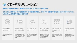グローバルソリューション
Azure Cosmos DB は、最新のアプリパターンとユースケースをサポート
これにより、業界をリードする組織はデータの価値を解放し、グローバルな顧客や変化するビジネスダイナミクスに
リアルタイムで対応できるようになります
世界中に分散され、
利用可能なデータ
ユーザーがいる場所にデータ
を配置します
リアルタイムのカスタマー
エクスペリエンスの構築
遅延の影響を受けやすい
パーソナライゼーション、入札、
および不正検出を可能に
します。
ゲーム、IoT、eコマースに
最適
トラフィックが急増した場合
でも予測可能で高速な
サービス
サーバーレスアーキテクチャ
による開発の簡素化
柔軟なコンピューティング
能力を備え、フルマネージ
ドでイベント駆動型の
マイクロサービス
オペレーショナルデータに
対するSpark 分析の
実行
高速でグローバルなデータ
に対してすばやくインサイト
を提供
NoSQL データのリフト&
シフト
MongoDBおよび
Cassandraのワークロード
のリフト＆シフト
 