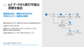 IoT データから実行可能な
洞察を抽出
問題発生前に、機器の状況を分析、
予測することで、俊敏性を維持
機械学習済みモデルが、物理プロセス全体にわたる推奨事項を生成
大量のIoTデータをミリ秒分析
低遅延により、世界中で高いアプリケーションのパフォーマンスと、
瞬間的に効率的な洞察を保証
迅速な洞察のために、データの一貫性モデルをチューニング
Cosmos DBの一般的なユースケース:
https://docs.microsoft.com/ja-jp/azure/cosmos-db/use-cases
 