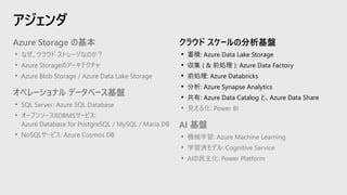 アジェンダ
クラウド スケールの分析基盤
• 蓄積: Azure Data Lake Storage
• 収集 ( & 前処理 ): Azure Data Factory
• 前処理: Azure Databricks
• 分析: Azure Synapse Analytics
• 共有: Azure Data Catalog と、Azure Data Share
• 見える化: Power BI
AI 基盤
• 機械学習: Azure Machine Learning
• 学習済モデル: Cognitive Service
• AIの民主化: Power Platform
Azure Storage の基本
• なぜ、クラウド ストレージなのか？
• Azure Storageのアーキテクチャ
• Azure Blob Storage / Azure Data Lake Storage
オペレーショナル データベース基盤
• SQL Server: Azure SQL Database
• オープンソースRDBMSサービス:
Azure Database for PostgreSQL / MySQL / Maria DB
• NoSQLサービス: Azure Cosmos DB
 