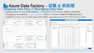 Azure Data Factory – 収集 & 前処理
Mapping Data Flow と Wrangling Data Flow
• Mapping Data Flow (データフローの変換) を使用すると、コードを記述しなくても、グラフィカルなデータ変換ロジックを作成可能。
• Wrangling Data Flow を使用すると、 Power Query Online との統合で、コードなしのデータ準備をクラウド規模で繰り返し実行。
• 生成されたデータ フローは、スケールアウトされた Spark クラスターを使用し、Azure Data Factory パイプライン内でアクティビティとして実行。
https://docs.microsoft.com/ja-jp/azure/data-factory/concepts-data-flow-overview https://docs.microsoft.com/ja-jp/azure/data-factory/wrangling-data-flow-overview
 