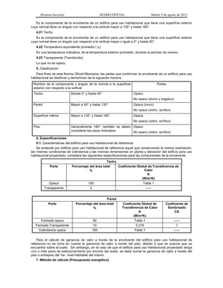 (Primera Sección)                      DIARIO OFICIAL                    Martes 9 de agosto de 2011

   Es la componente de la envolvente de un edificio para uso habitacional que tiene una superficie exterior
cuya normal tiene un ángulo con respecto a la vertical mayor a 135° y hasta 180°.
   4.21 Techo
   Es la componente de la envolvente de un edificio para uso habitacional que tiene una superficie exterior
cuya normal tiene un ángulo con respecto a la vertical mayor o igual a 0° y hasta 45°.
   4.22 Temperatura equivalente promedio ( te)
   Es una temperatura indicativa, de la temperatura exterior promedio, durante el período de verano.
   4.23 Transparente (Translúcido)
   Lo que no es opaco.
   5. Clasificación
   Para fines de esta Norma Oficial Mexicana, las partes que conforman la envolvente de un edificio para uso
habitacional se clasifican y denominan de la siguiente manera.
 Nombre de la componente y ángulo de la normal a la superficie                       Partes
 exterior con respecto a la vertical
 Techo                      Desde 0° y hasta 45°                     Opaco
                                                                     No opaco (domo y tragaluz)
 Pared                      Mayor a 45° y hasta 135°                 Opaca (muro)
                                                                     No opaca (vidrio, acrílico)
 Superficie inferior        Mayor a 135° y hasta 180°                Opaca
                                                                     No opaca (vidrio, acrílico)
 Piso                       Generalmente 180°: también se deben Opaco
                            considerar los pisos inclinados     No opaco (vidrio, acrílico)
    6. Especificaciones
    6.1. Características del edificio para uso habitacional de referencia
    Se entiende por edificio para uso habitacional de referencia aquel que conservando la misma orientación,
las mismas condiciones de colindancia y las mismas dimensiones en planta y elevación del edificio para uso
habitacional proyectado, considera las siguientes especificaciones para las componentes de la envolvente:
                                                  Techo
              Parte         Porcentaje del área total   Coeficiente Global de Transferencia de
                                       %                                 Calor
                                                                           K
                                                                       (W/m²K)
             Opaca                    100                               Tabla 1
          Transparente                 0                                  -----


                                                   Pared
             Parte             Porcentaje del área total     Coeficiente Global de          Coeficiente de
                                          %                  Transferencia de Calor          Sombreado
                                                                        K                        CS
                                                                    (W/m²K)
      Fachada opaca                      90                          Tabla 1                       -----
   Fachada Transparente                  10                           5,319                          1
     Colindancia opaca                   100                         Tabla 1                       -----


    Para el cálculo de ganancia de calor a través de la envolvente del edificio para uso habitacional de
referencia no se toma en cuenta la ganancia de calor a través del piso, debido a que se supone que se
encuentra sobre el suelo. Sin embargo, en el caso de que el edificio para uso habitacional proyectado tenga
uno o más pisos de estacionamiento por encima del suelo, se debe sumar la ganancia de calor a través del
piso o entrepiso del 1er. nivel habitable del mismo.
    7. Método de cálculo (Presupuesto energético)
 