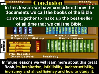 132
Conclusion
In this lesson we have considered how the
documents we call the books of the Bible
came together to make up the best-seller
of all time that we call the Bible.
In future lessons we will learn more about this great
Book, its inspiration, infallibility, indestructibility,
inerrancy and all-sufficiency and how to study it.
 