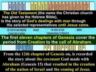 29
The Old Testament (the name the Christian church
has given to the Hebrew Bible),
is the story of God’s dealings with man through
His selected representatives until Jesus came.
The first eleven chapters of Genesis cover the
period from Creation to the call of Abraham.
From the 12th chapter of Genesis on, is recorded
the story about the covenant God made with
Abraham (Genesis 15) that resulted in the creation
of the nation of Israel and the coming of Jesus.
 