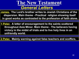 80
General Letters
The New Testament
James. The Lord's brother writes to Jewish Christians of the
dispersion. Main theme - Practical religion showing itself
in good works as contrasted to the profession of faith alone.
1 Peter. A letter of encouragement to the saints scattered
throughout Asia Minor. Main theme - The believers having
victory in the midst of trials and to live holy lives in an
unfriendly world.
2 Peter. Mainly warning against false teachers and scoffers.
 