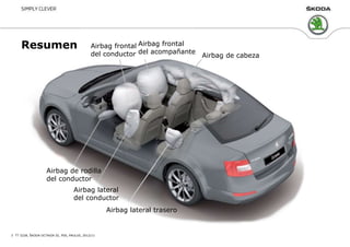 Resumen
TT 5228, ŠKODA OCTAVIA III, PSS, PAULUS, 2012/113
Airbag de cabeza
Airbag frontal
del acompañante
Airbag frontal
del conductor
Airbag de rodilla
del conductor
Airbag lateral
del conductor
Airbag lateral trasero
 