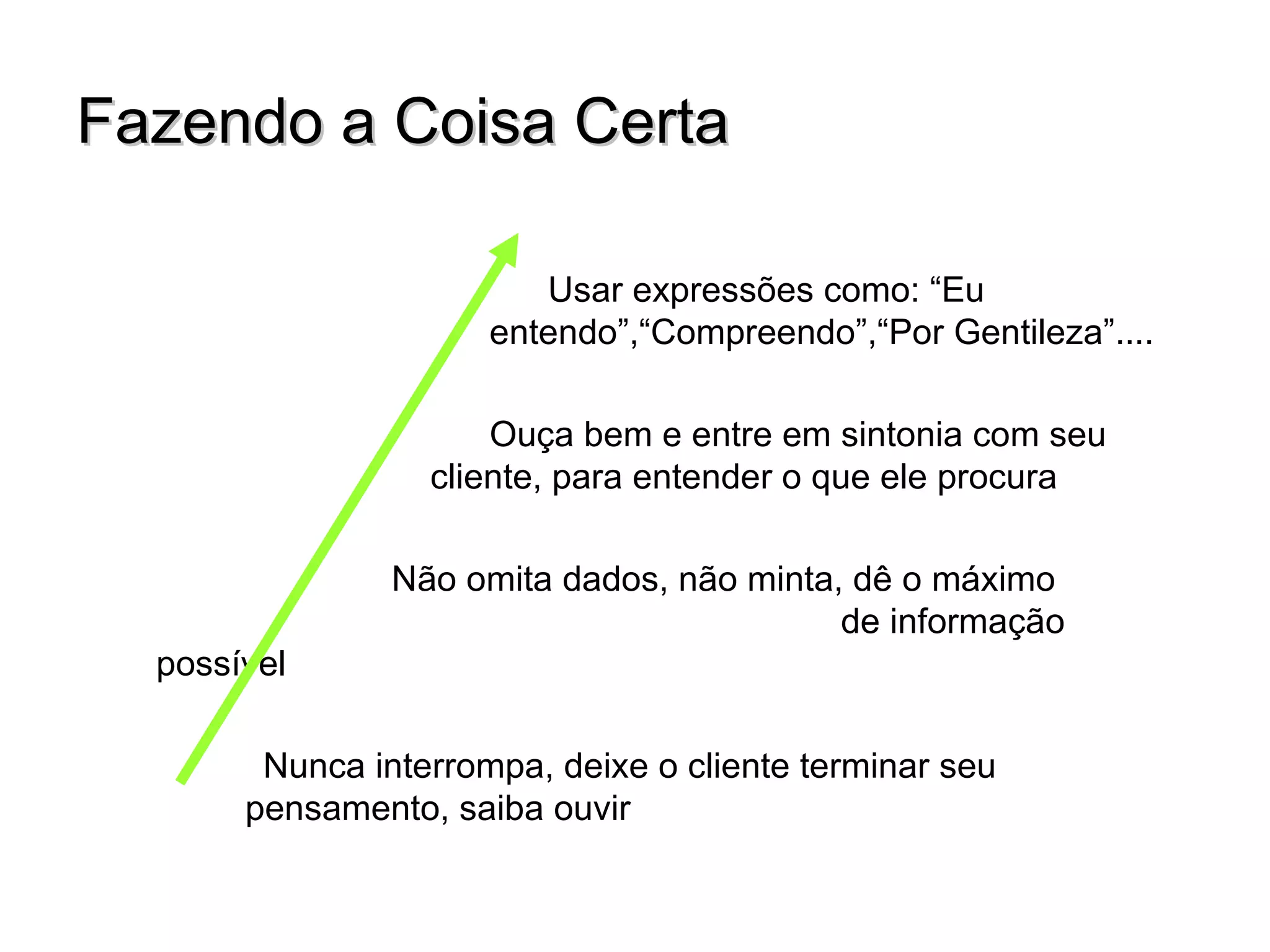 Fazendo a Coisa Certa

                         Usar expressões como: “Eu
                      entendo”,“Compreendo”,“Por Gentileza”....

                      Ouça bem e entre em sintonia com seu
                  cliente, para entender o que ele procura

                Não omita dados, não minta, dê o máximo
                                           de informação
  possível

        Nunca interrompa, deixe o cliente terminar seu
       pensamento, saiba ouvir
 