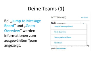 Deine Teams (1)
Bei „Jump to Message
Board“ und „Go to
Overview“ werden
Informationen zum
ausgewählten Team
angezeigt.
 