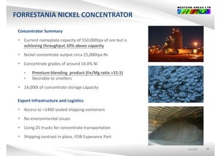 FORRESTANIA NICKEL CONCENTRATOR
Concentrator Summary
 Current nameplate capacity of 550,000tpa of ore but is 
achieving throughput 10% above capacity 
 Nickel concentrate output circa 25,000tpa Ni
 Concentrate grades of around 14.0% Ni 
 Premium blending  product (Fe/Mg ratio >15:1)
 Desirable to smelters
 14 000t of concentrate storage capacity 14,000t of concentrate storage capacity
Export Infrastructure and Logistics 
 Access to >1400 sealed shipping containers
 No environmental issues
 Using 25 trucks for concentrate transportation
 Shipping contract in place, FOB Esperance Port
ASX:WSAASX:WSAASX:WSA 14
pp g p , p
 