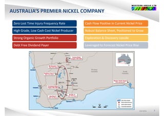 AUSTRALIA‘S PREMIER NICKEL COMPANY
Zero Lost Time Injury Frequency RateZero Lost Time Injury Frequency Rate Cash Flow Positive in Current Nickel PriceCash Flow Positive in Current Nickel Price
High Grade, Low Cash Cost Nickel ProducerHigh Grade, Low Cash Cost Nickel Producer
Strong Organic Growth PortfolioStrong Organic Growth Portfolio
Robust Balance Sheet, Positioned to GrowRobust Balance Sheet, Positioned to Grow
Exploration & Discovery UpsideExploration & Discovery UpsideStrong Organic Growth PortfolioStrong Organic Growth Portfolio
Debt Free Dividend PayerDebt Free Dividend Payer
Exploration & Discovery UpsideExploration & Discovery Upside
Leveraged to Forecast Nickel Price RiseLeveraged to Forecast Nickel Price Rise
ASX:WSAASX:WSAASX:WSA 7
 