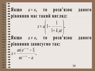 30
Якщо вa = , то розв’язок даного
рівняння має такий вигляд:






+
−=
atk
ax
2
1
1
1 .
Якщо вa ≠ , то розв’язок даного
рівняння записуємо так:
( )
( )
( )
aвe
eaв
x tkaв
tkaв
−
−
= −
−
2
2
1
.
 